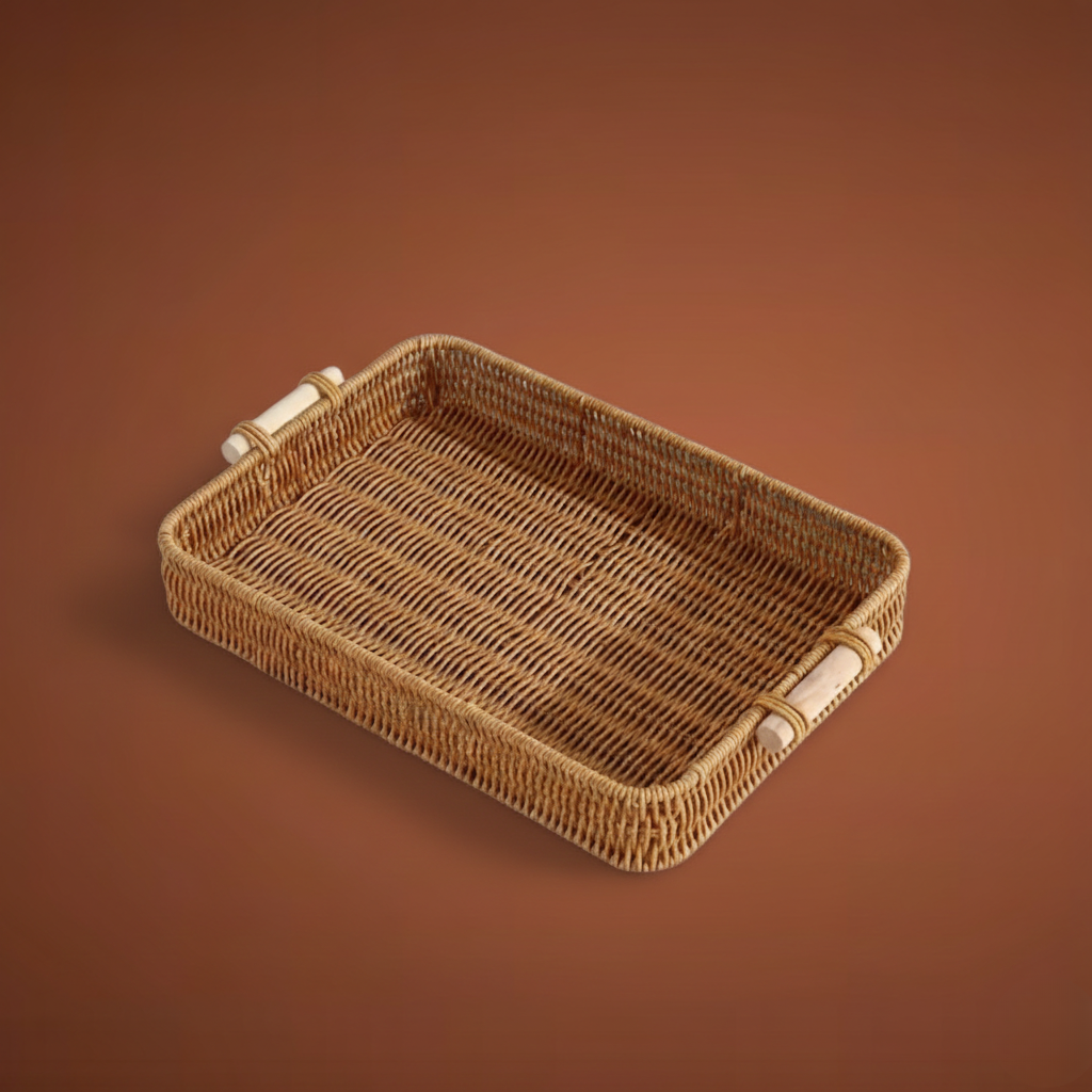 Rectangular Wicker Storage Tray with Wooden Grip – Durable & Versatile Organiser