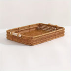 Rectangular Wicker Storage Tray with Wooden Grip – Durable & Versatile Organiser