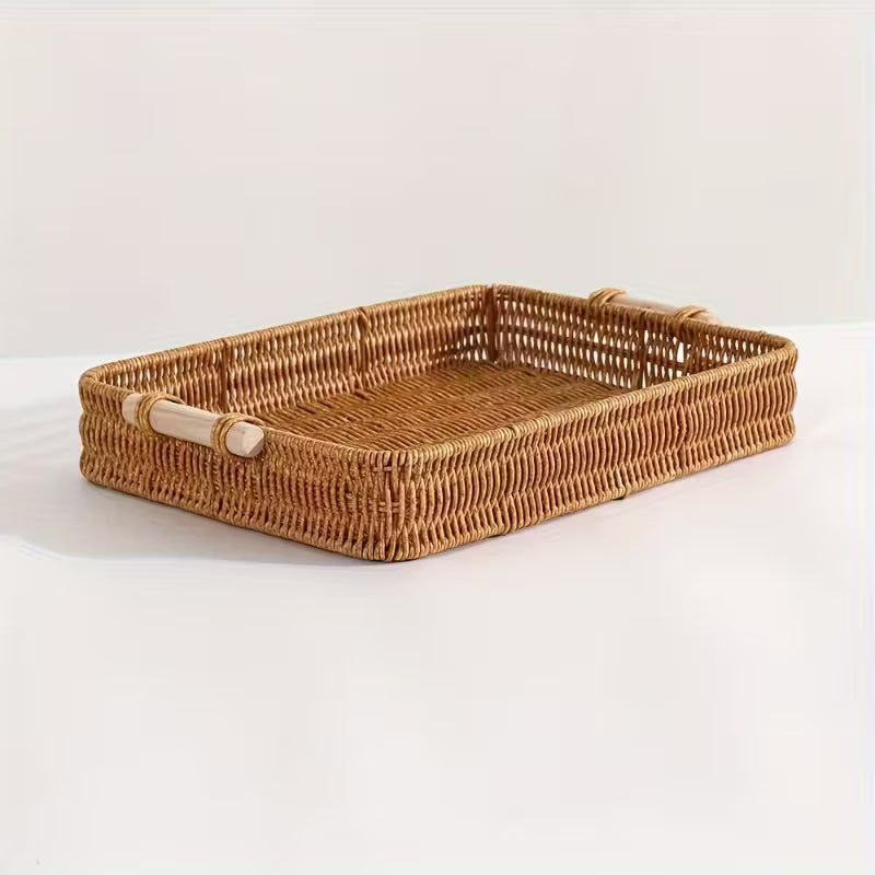 Rectangular Wicker Storage Tray with Wooden Grip – Durable & Versatile Organiser