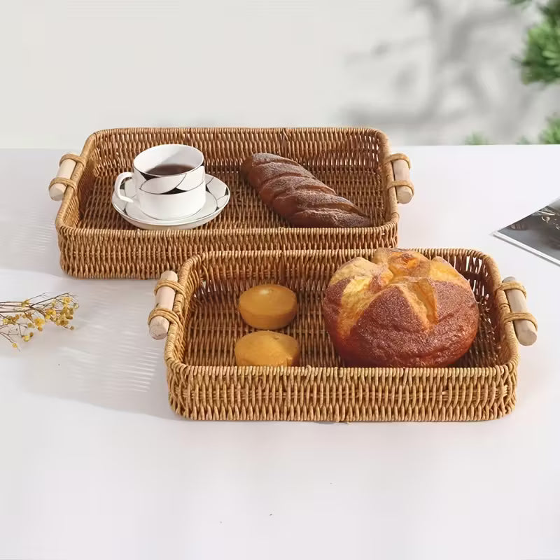 Rectangular Wicker Storage Tray with Wooden Grip – Durable & Versatile Organiser