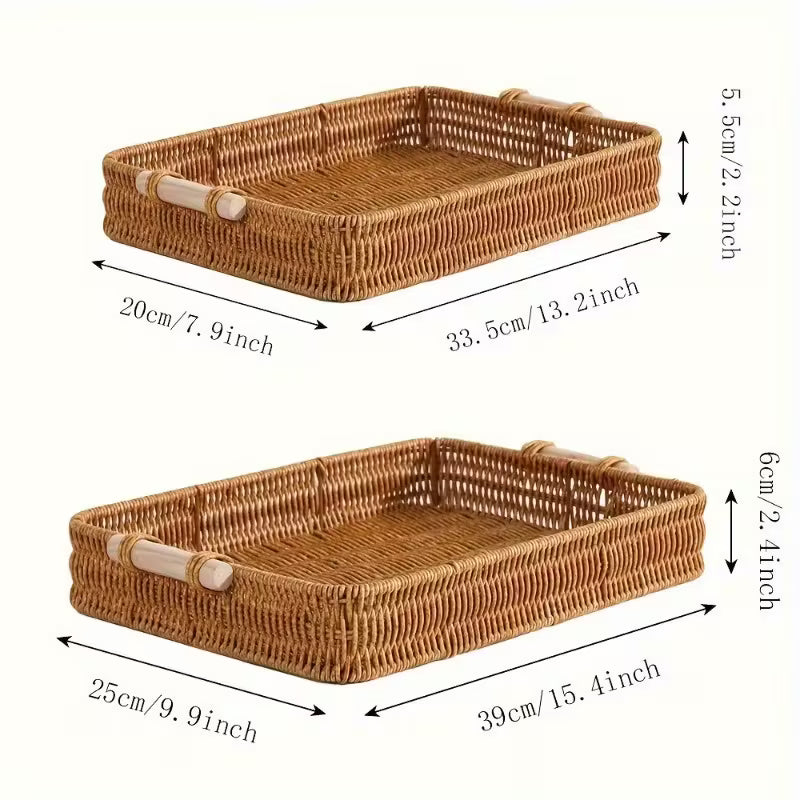 Rectangular Wicker Storage Tray with Wooden Grip – Durable & Versatile Organiser